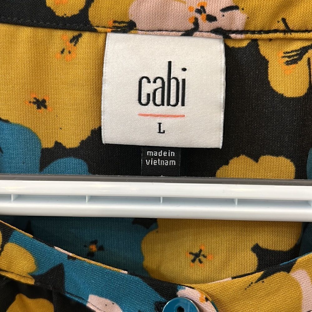 CAbi Teal and Mustard Flower Drop Favorite Bishop Sleeve Blouse NWOT sz Large - Picture 5 of 10